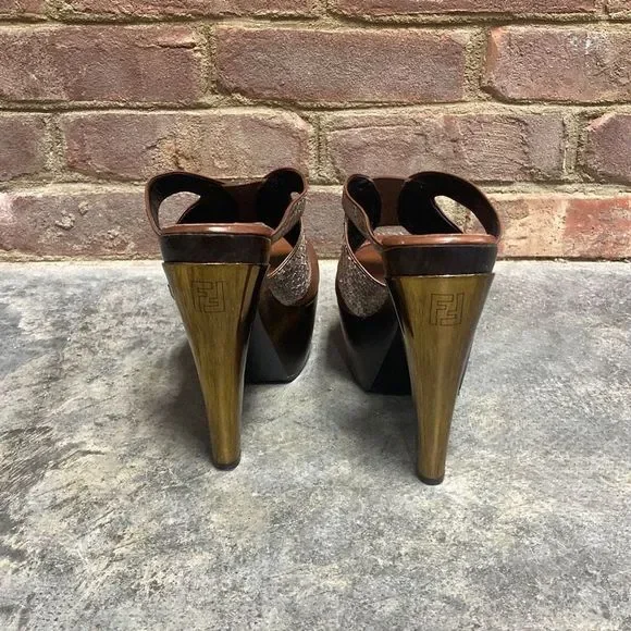 Fendi Embossed Brown Leather Slide Platform Heel Sandal Size 38 - Picture 5 of 11